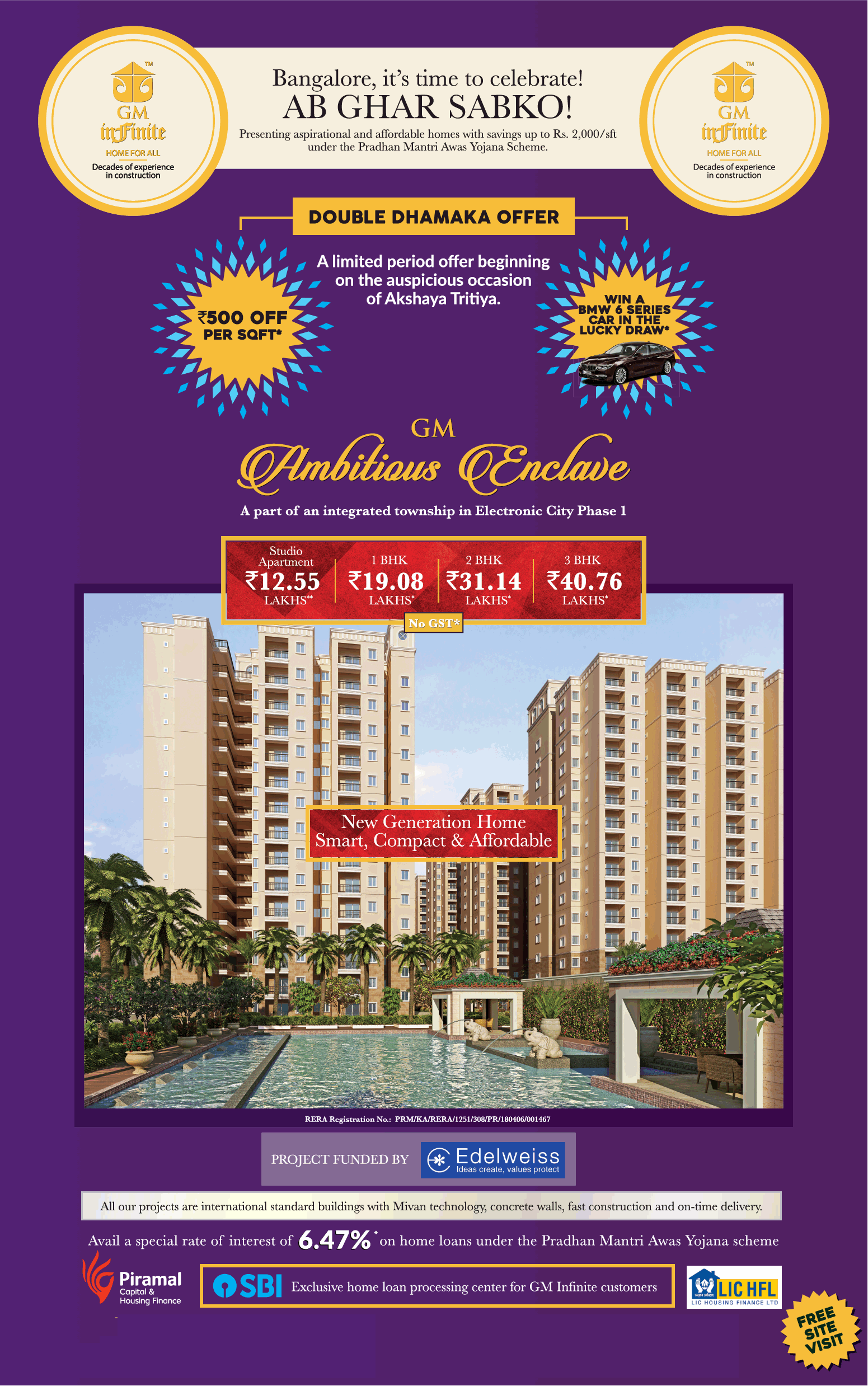 Avail studio apartments at Rs 12.55 lakhs at GM Infinite Ambitious Enclave in Bangalore